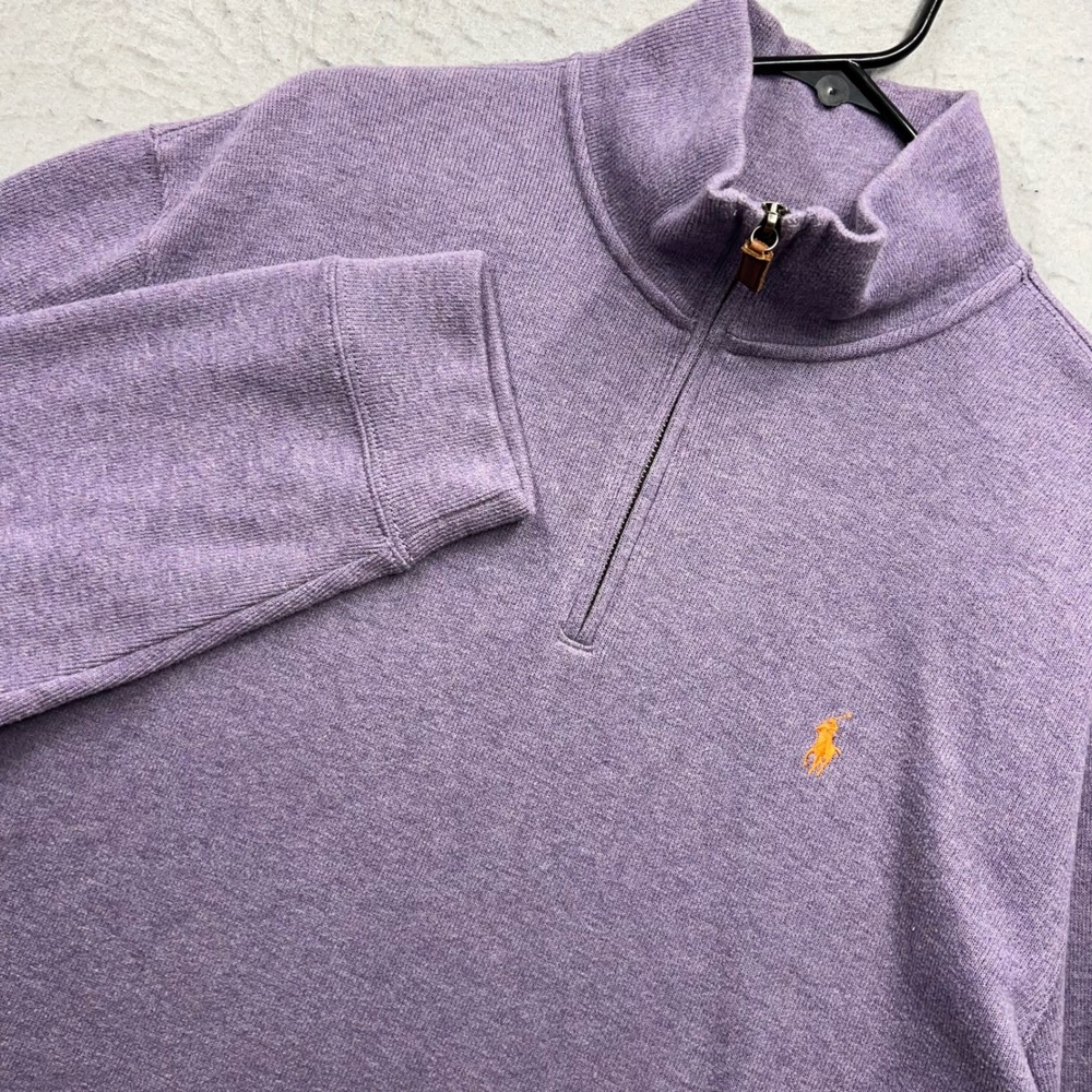 Polo Ralph Lauren Mens XL Purple Cotton Quarter Zip Pullover Sweater Orange Pony